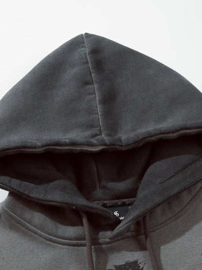 Street Washed Distressed Dark Skeletons Print Hoodie