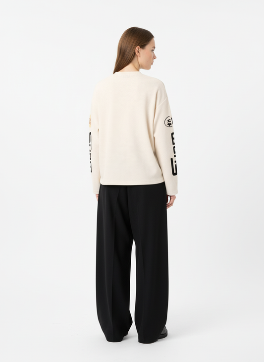 Textured Waffle SUPM Letter Graphic Long Sleeve T-Shirt