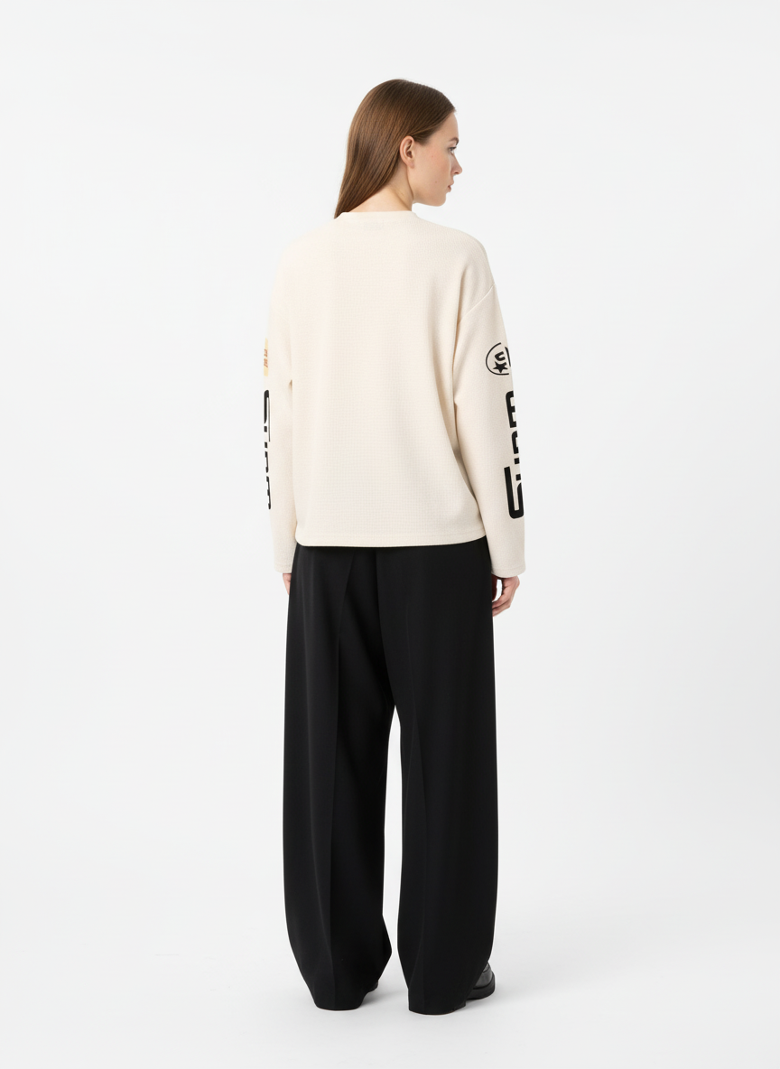 Textured Waffle SUPM Letter Graphic Long Sleeve T-Shirt