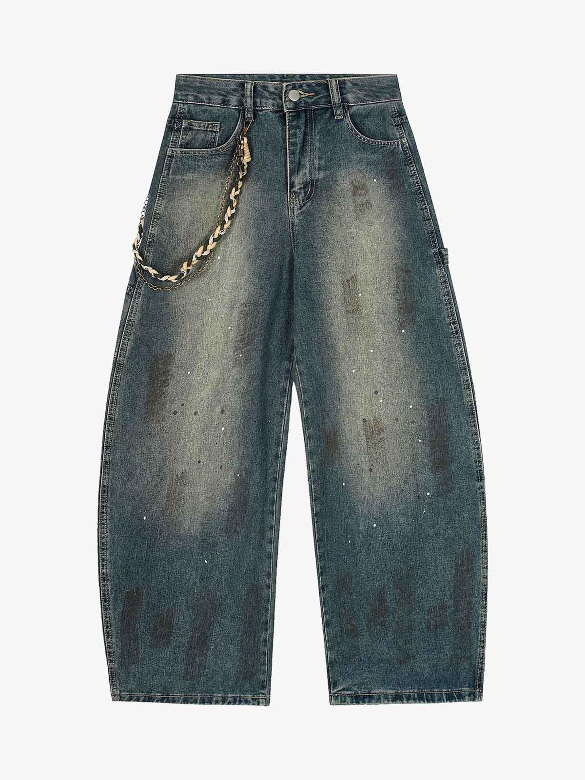 Distressed Denim Jeans with Braided Chain Detail - Perfect for Casual and Streetwear Styles