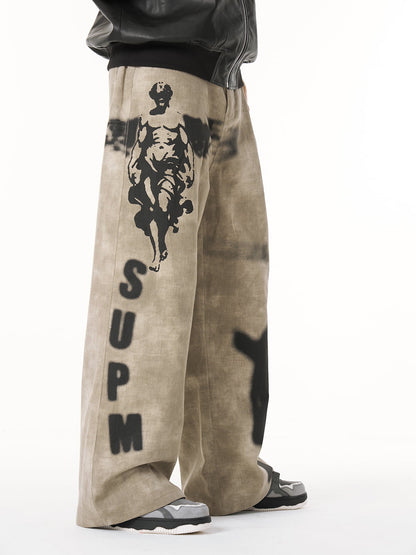 Large Cross Angel Print Distressed Jeans