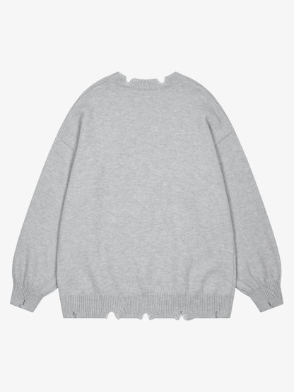 Letter Print Ripped Crew Neck Sweater