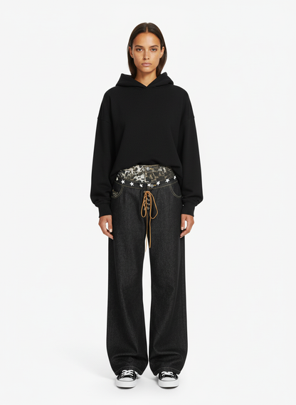 Leopard Star Print Double Waist Tie Jeans