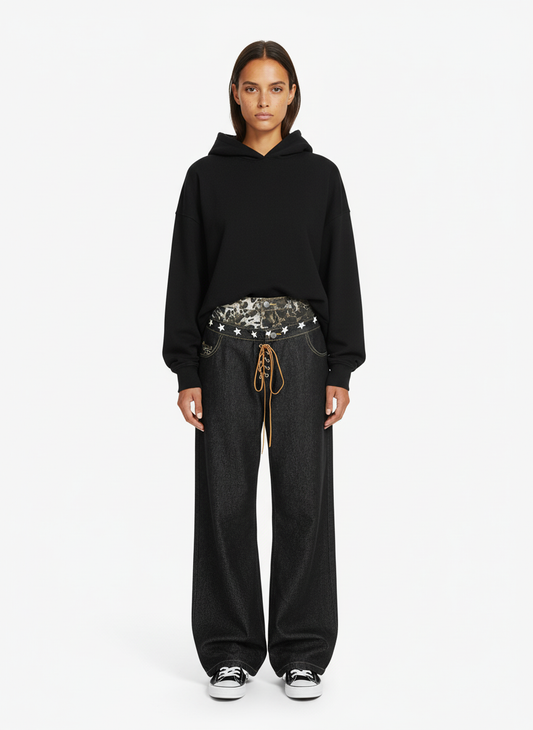 Leopard Star Print Double Waist Tie Jeans