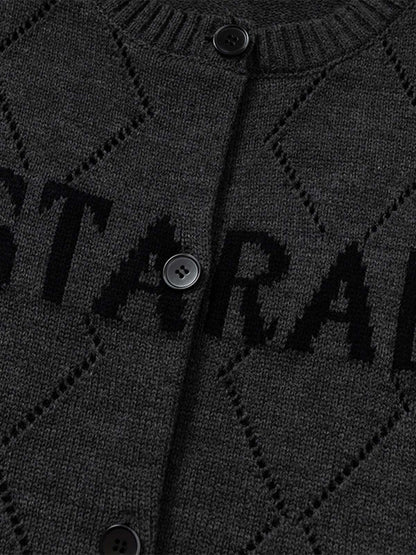 Mustard Yellow Knit Cardigan with Diamond Pattern and Bold Lettering