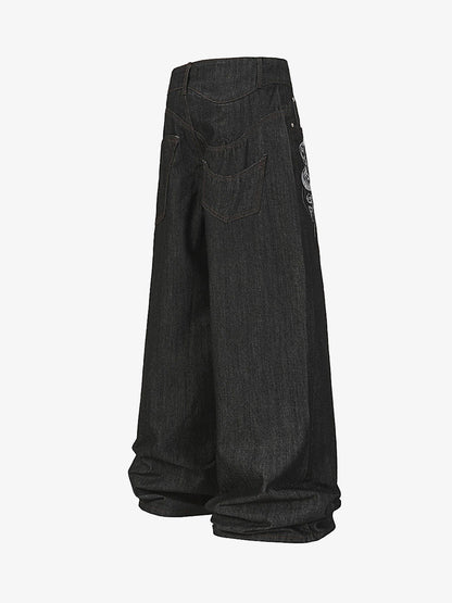 Wide-Leg Denim Trousers with Snake Embroidery - Stylish and Comfortable for All Seasons