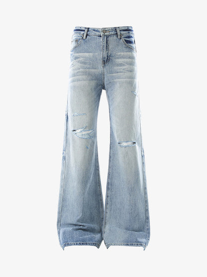 Hip-Hop Cut Distressed Washed Jeans