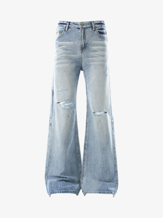Hip-Hop Cut Distressed Washed Jeans