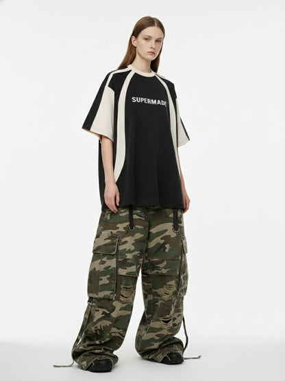 Thesupermade Horizontal Glitch Art Deconstruction Contrast Color Stitching Print T-shirt