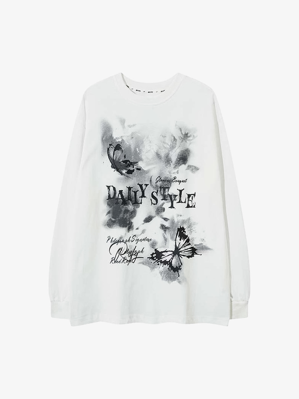 Butterfly Letters Printed Round Neck Long Sleeve T-shirt