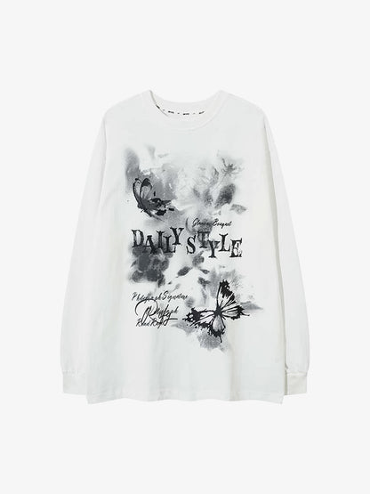 Butterfly Letters Printed Round Neck Long Sleeve T-shirt