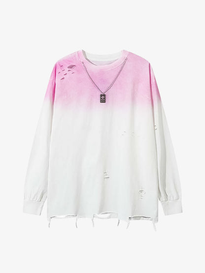 Gradient Hole Contrast Color Long Sleeve T-shirt