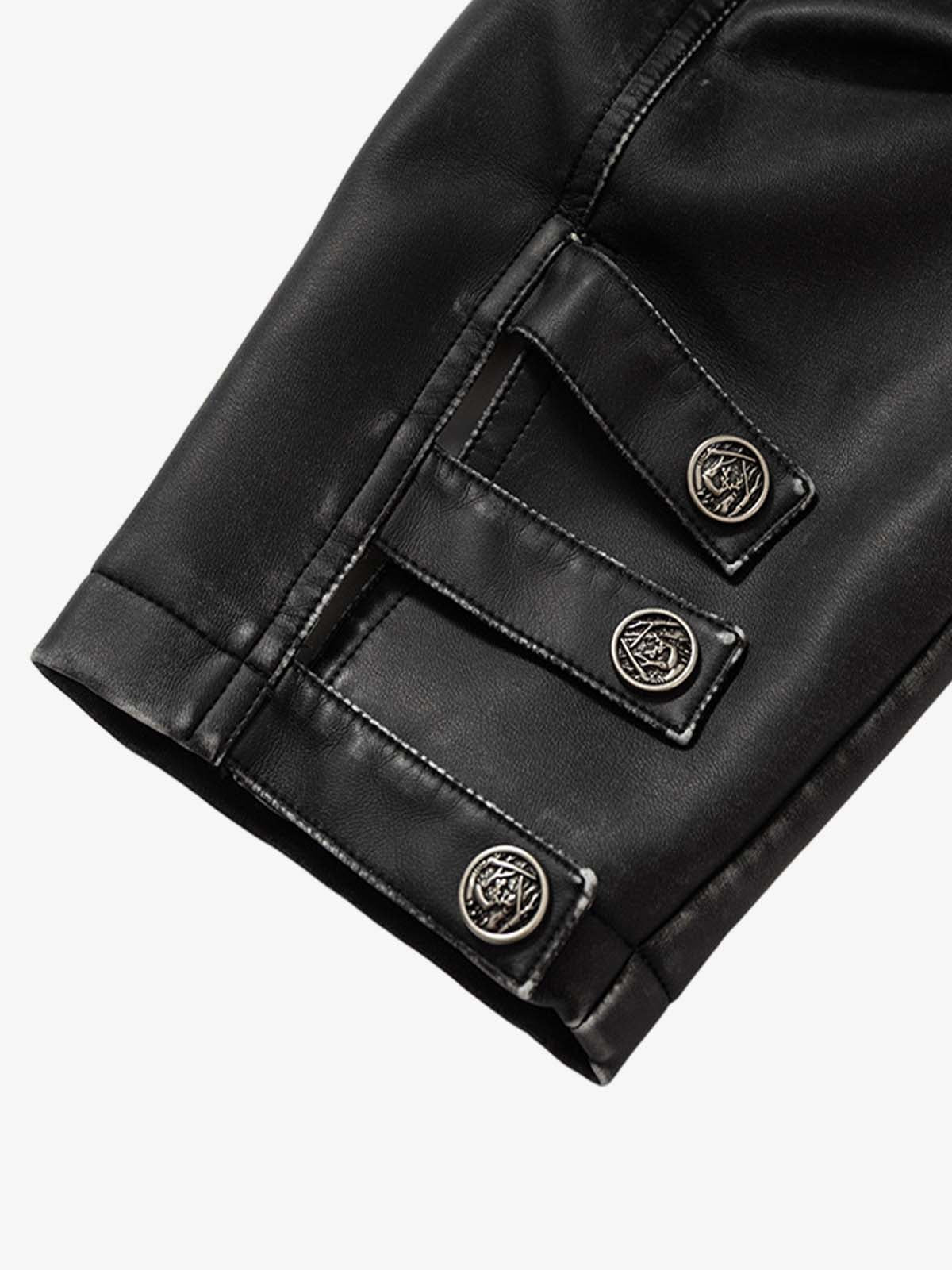 Thesupermade Skull Print Paneled Stand-up Collar Leather Jacket