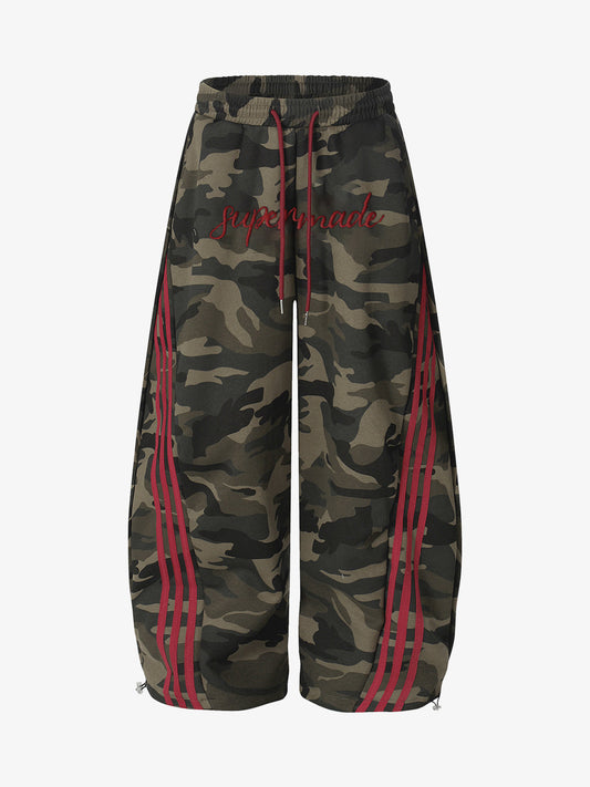Camouflage Wide-Leg Pants with Red Stripes and Embroidery for Casual Wear