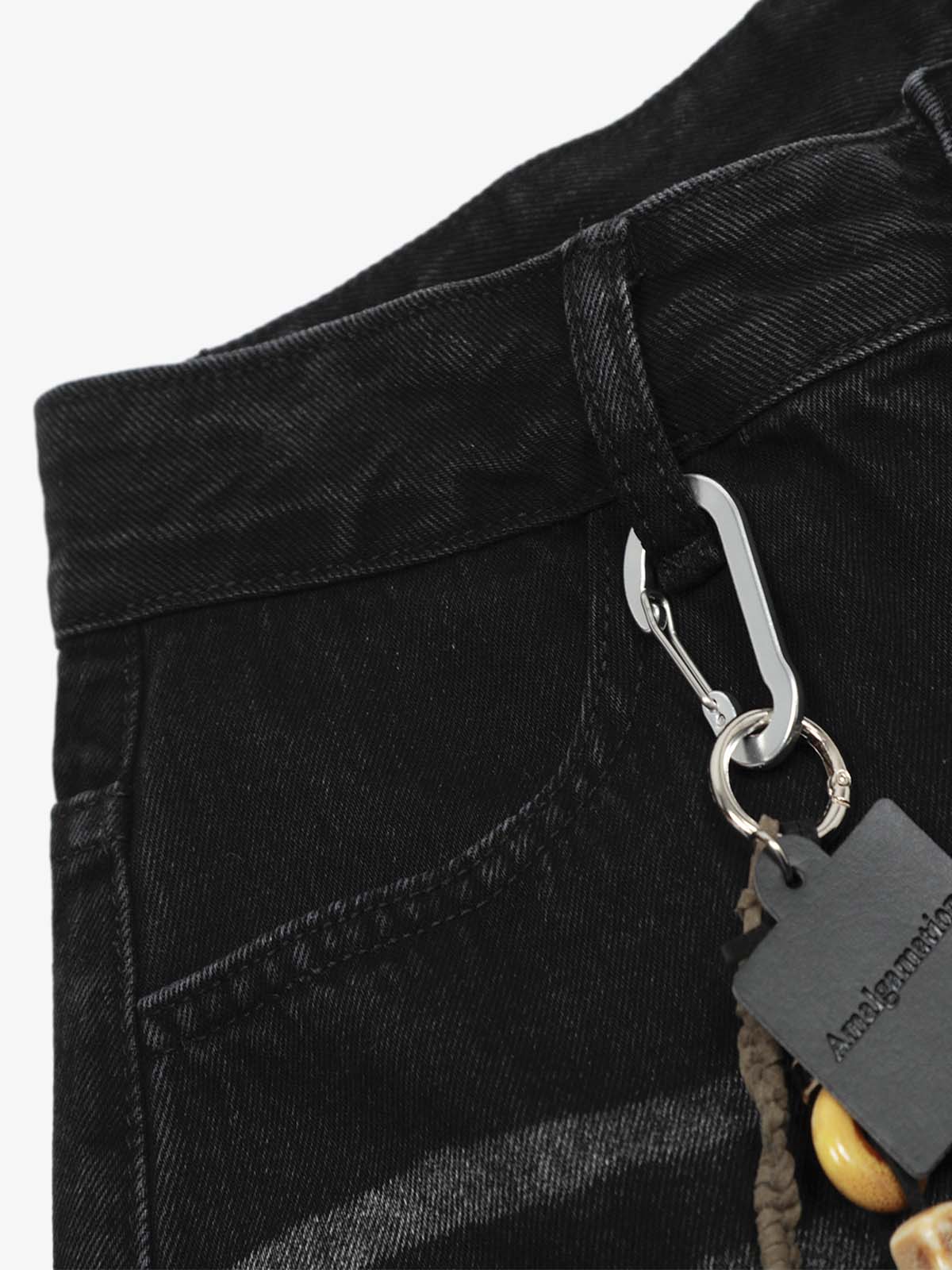 Distressed Black Denim Jeans with Embroidered Design and Cross Patch