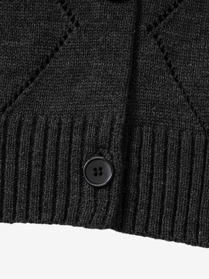 Mustard Yellow Knit Cardigan with Diamond Pattern and Bold Lettering