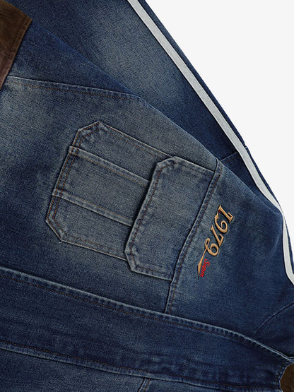 Stylish Denim Jacket with Embroidered Details and Striped Sleeves