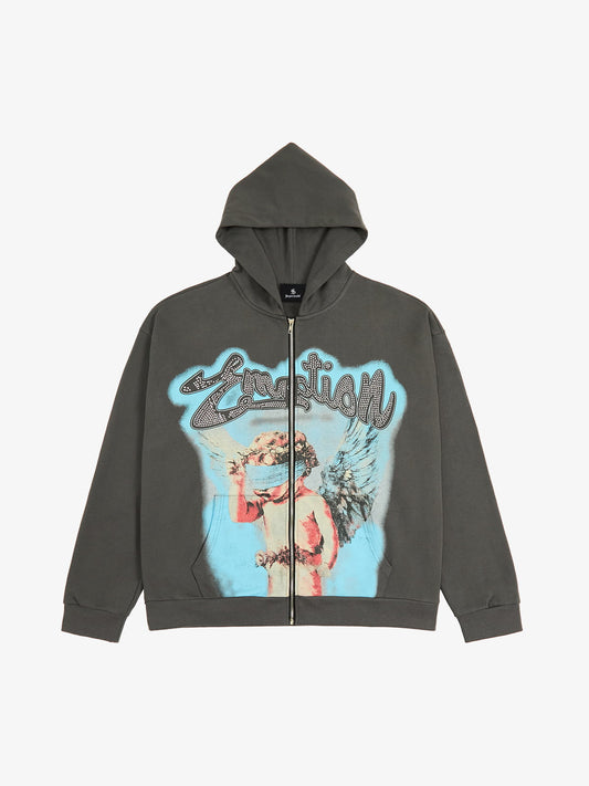 Vintage Blindfolded Angel Rhinestone Zip-Up Hoodie