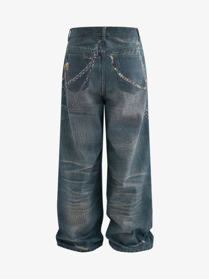 RO Chain Hole 3D Printed Baggy Jeans