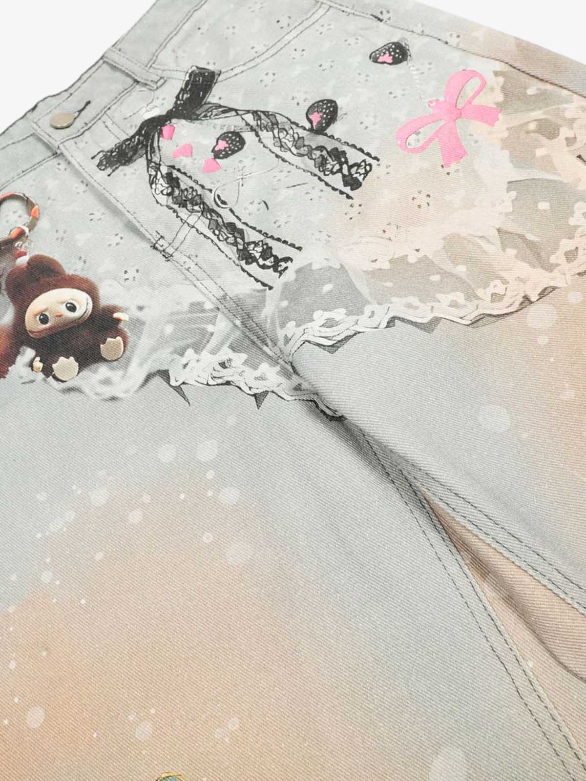 Unique Artistic Denim Trousers with Embellished Details for Women