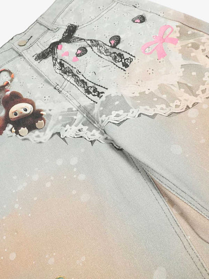 Unique Artistic Denim Trousers with Embellished Details for Women