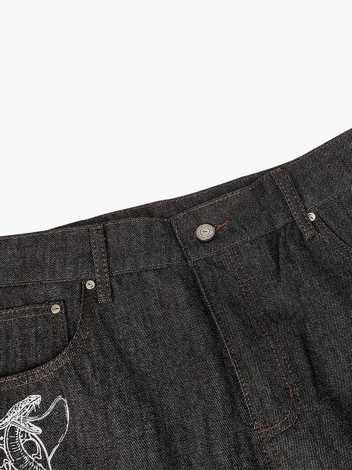 Wide-Leg Denim Trousers with Snake Embroidery - Stylish and Comfortable for All Seasons