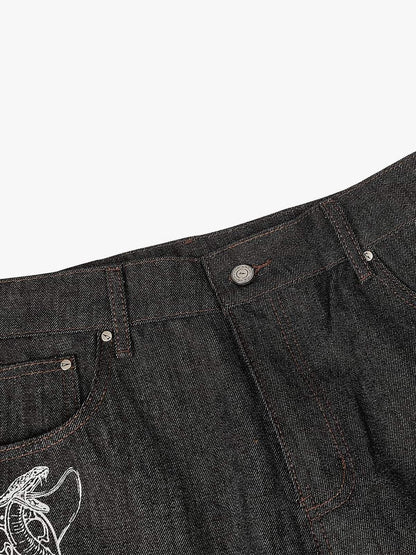 Wide-Leg Denim Trousers with Snake Embroidery - Stylish and Comfortable for All Seasons
