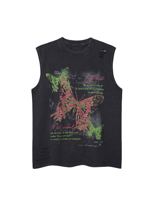 Distressed Graphic Butterfly Print Vest