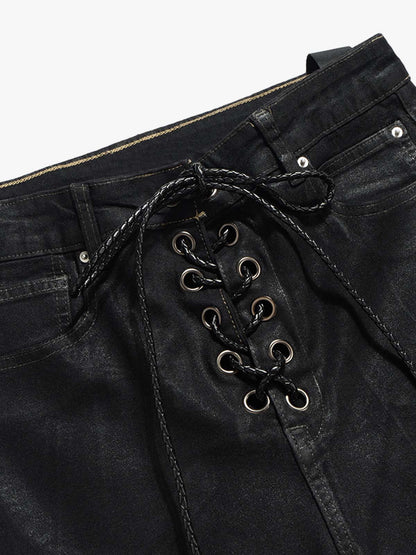 Stylish Black Lace-Up Wide-Leg Jeans for Women - Perfect for Casual and Fashionable Looks