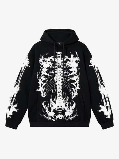 Street Washed Distressed Dark Skeletons Print Hoodie