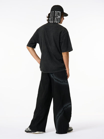 Chain Print Raw Edge Washed Wide-Leg Jeans