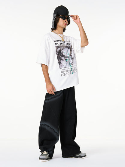 Chain Print Raw Edge Washed Wide-Leg Jeans