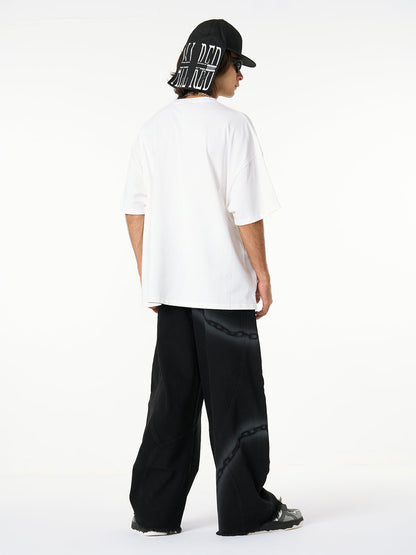 Chain Print Raw Edge Washed Wide-Leg Jeans