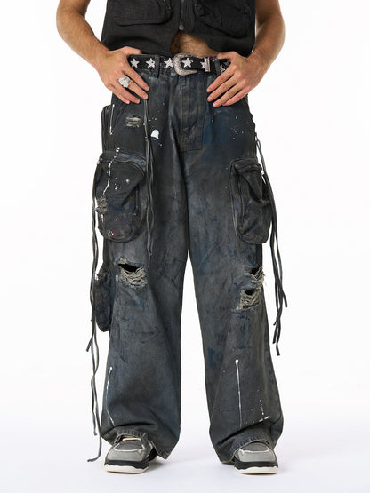 Distressed Cargo Denim Pants with Star Belt - Perfect for Edgy Street Style
