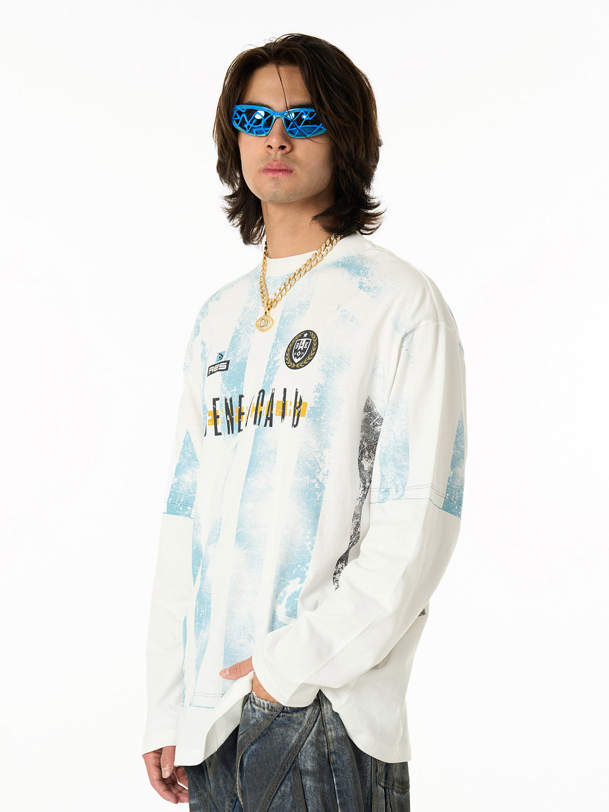 Retro Mottled Striped Badge Print Long Sleeve T-Shirt