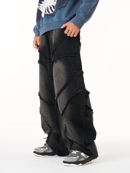 Washed Distressed Raw Edge Barrel Jeans - 2402