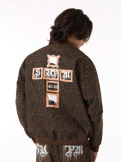 Cross Frame Leopard Print Baseball Jacket