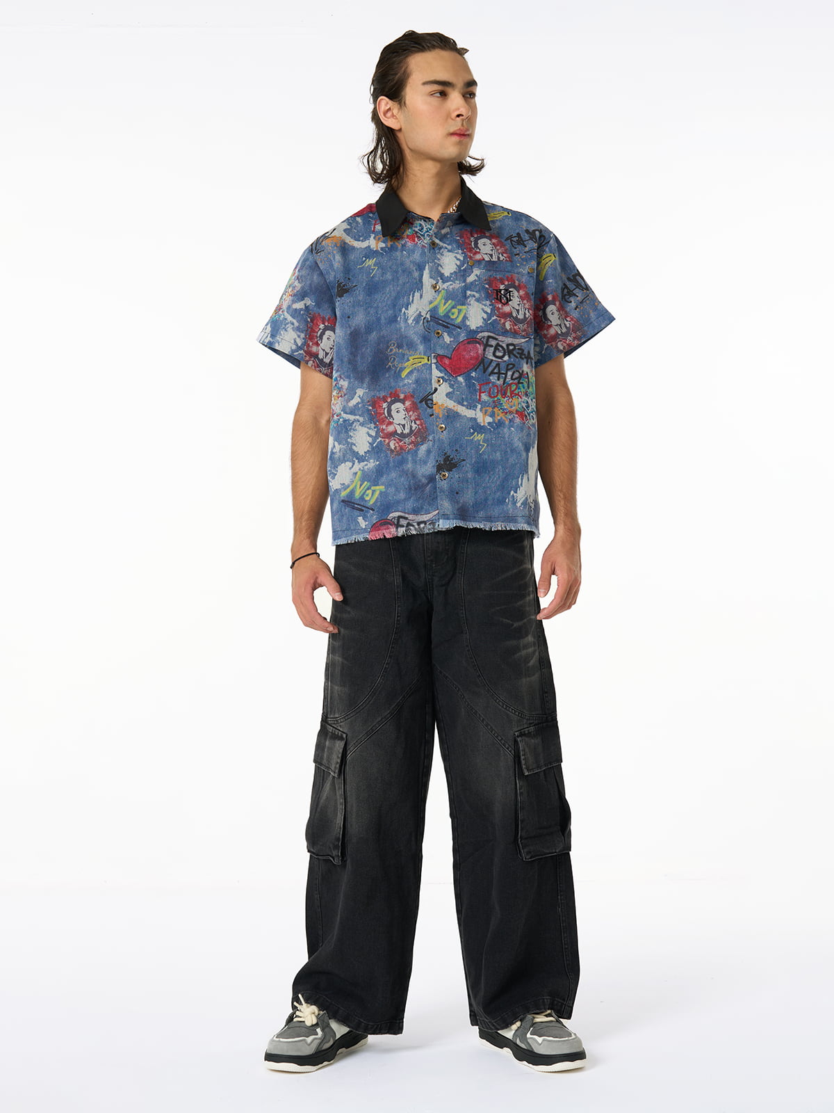 Tie-Dye Denim Graffiti Polo T-Shirt
