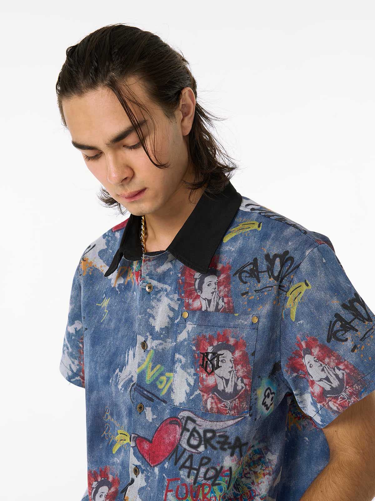 Tie-Dye Denim Graffiti Polo T-Shirt