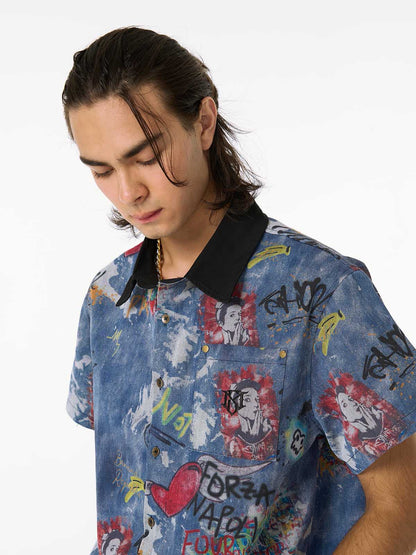 Tie-Dye Denim Graffiti Polo T-Shirt