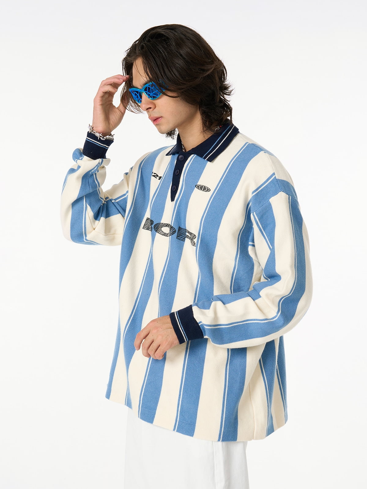 Retro Striped Polo Collar Sports Jersey Knit Sweater