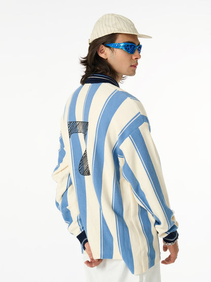 Retro Striped Polo Collar Sports Jersey Knit Sweater