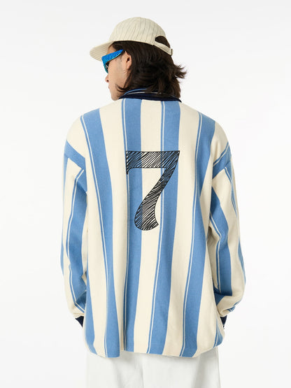 Retro Striped Polo Collar Sports Jersey Knit Sweater