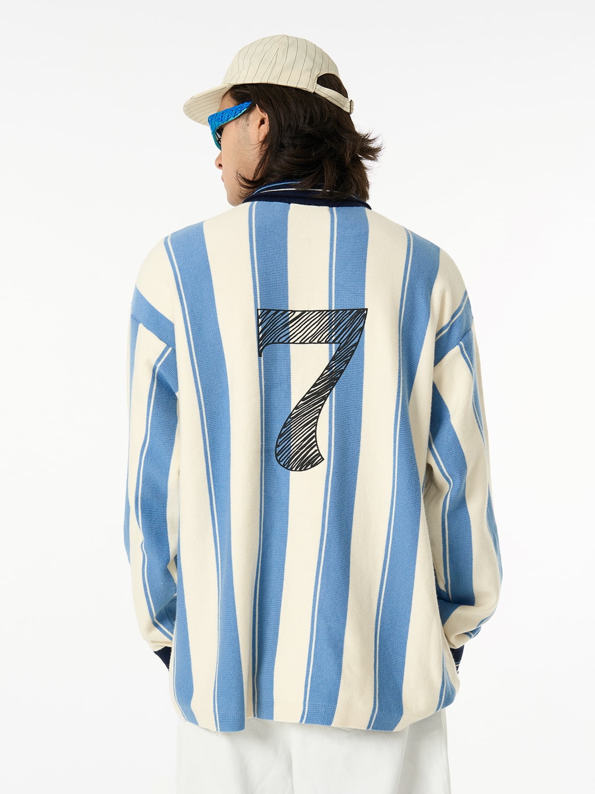 Retro Striped Polo Collar Sports Jersey Knit Sweater