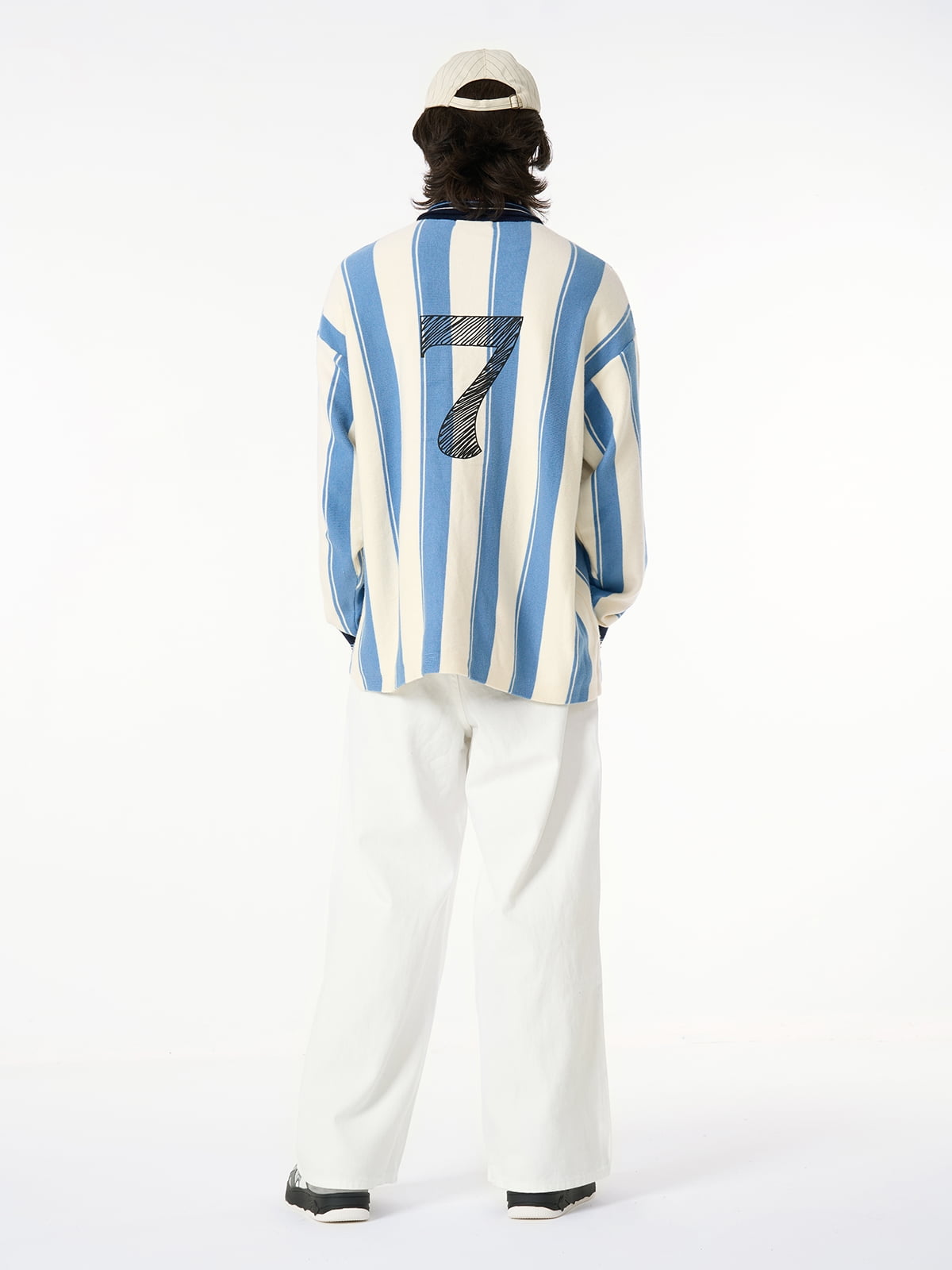 Retro Striped Polo Collar Sports Jersey Knit Sweater