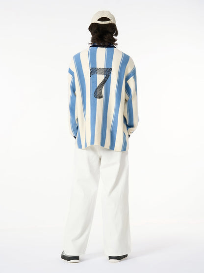 Retro Striped Polo Collar Sports Jersey Knit Sweater