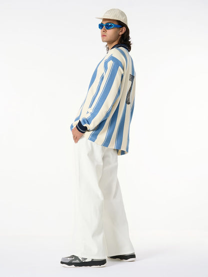 Retro Striped Polo Collar Sports Jersey Knit Sweater