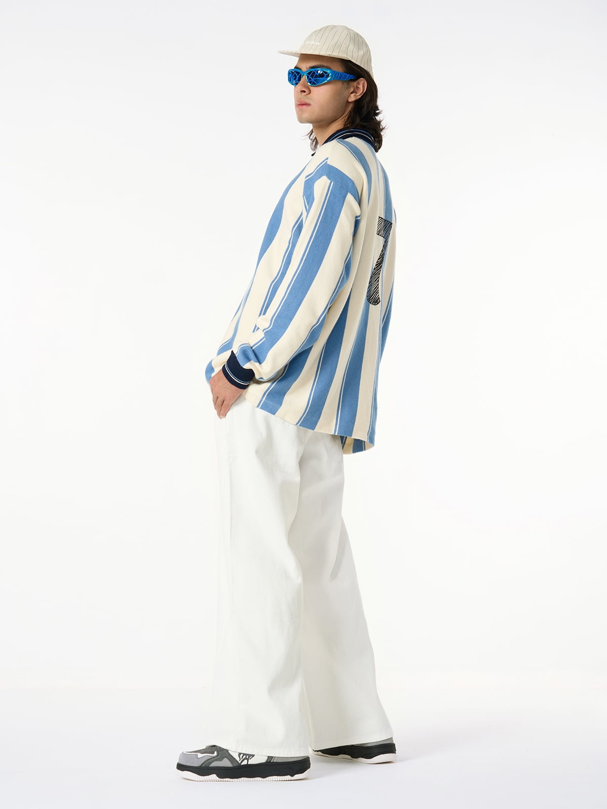 Retro Striped Polo Collar Sports Jersey Knit Sweater