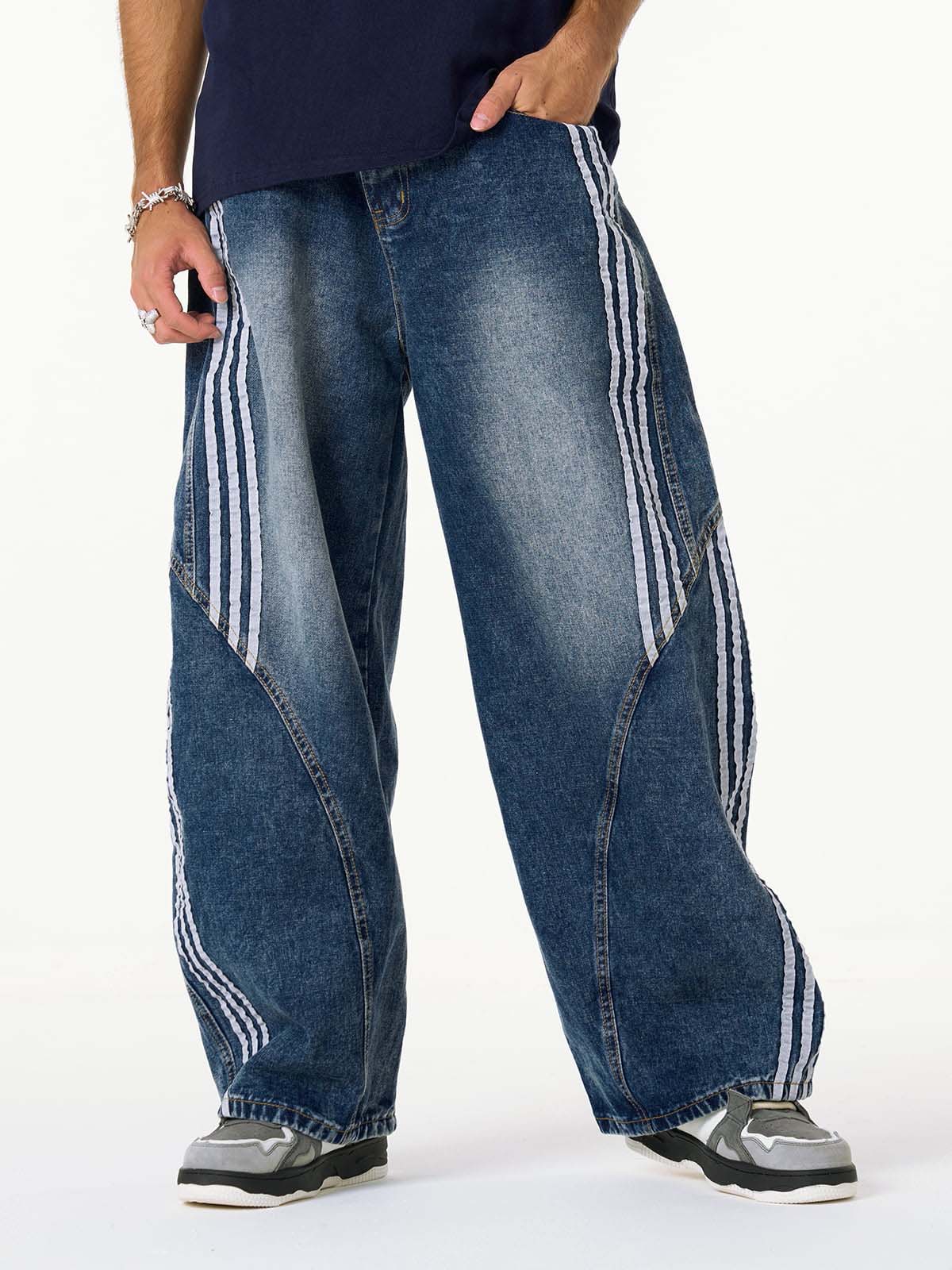 Striped Stitching Barrel Jeans - 2423