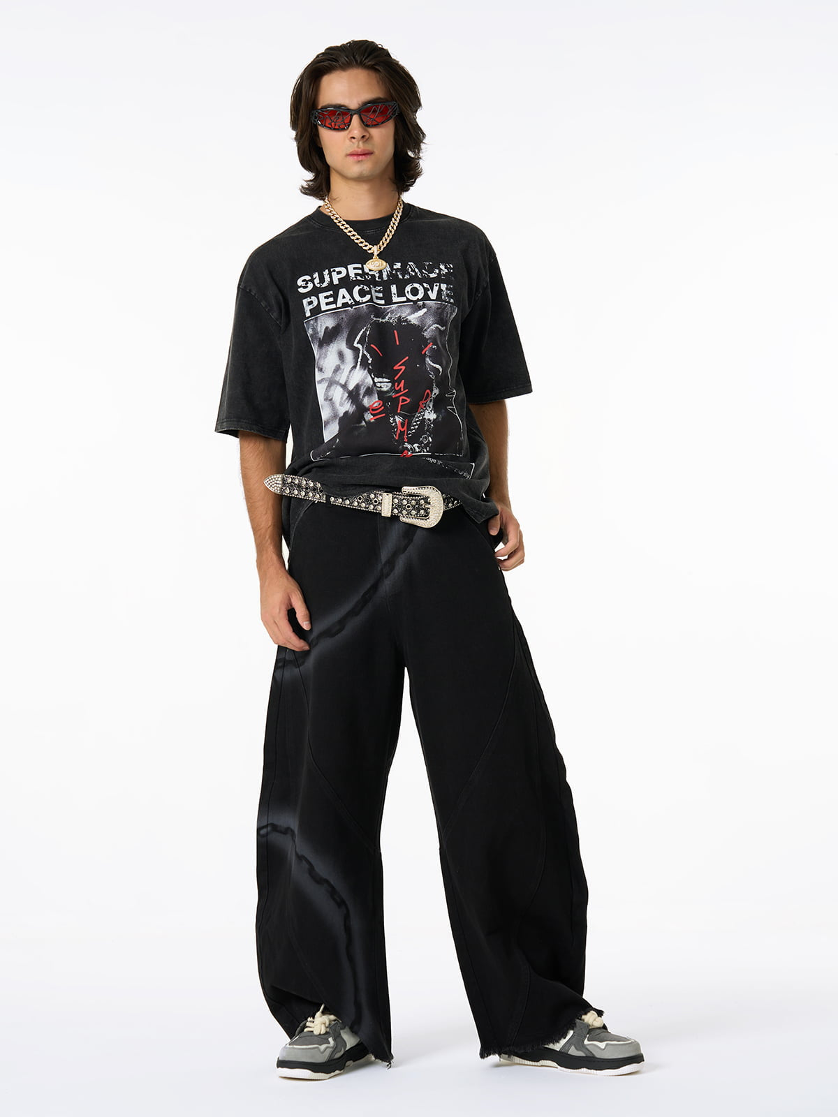 Chain Print Raw Edge Washed Wide-Leg Jeans